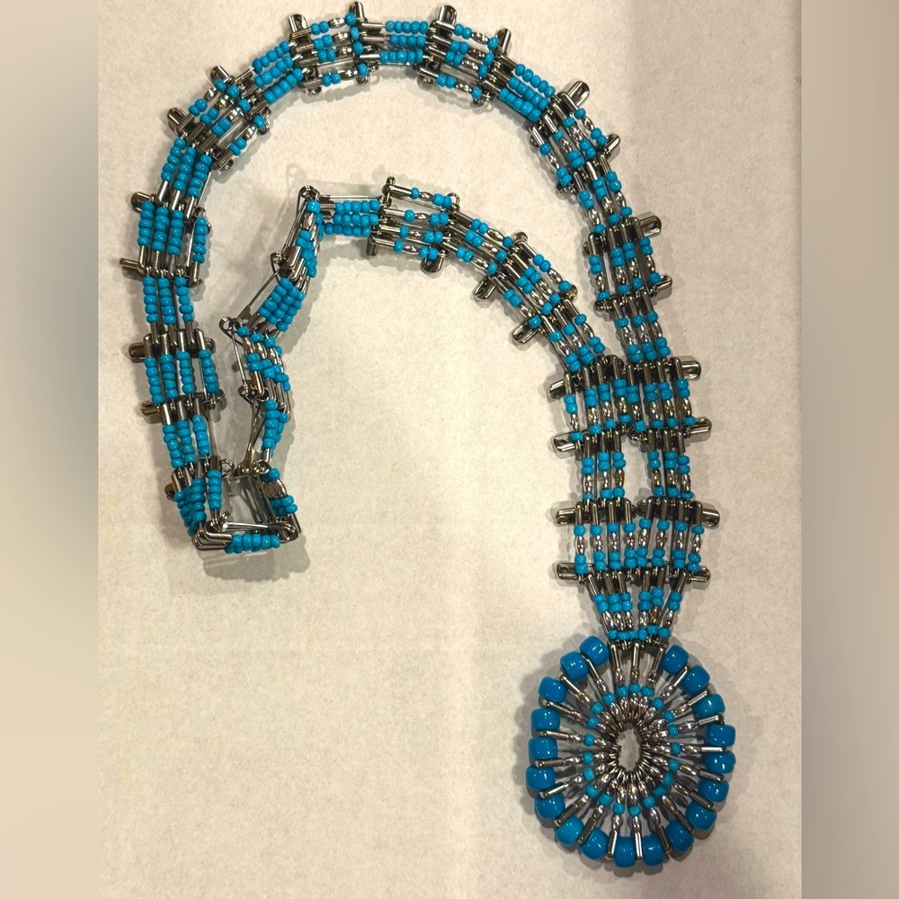 Vintage Silver Tone Safety Pin Squash Blossom Necklace Turquoise